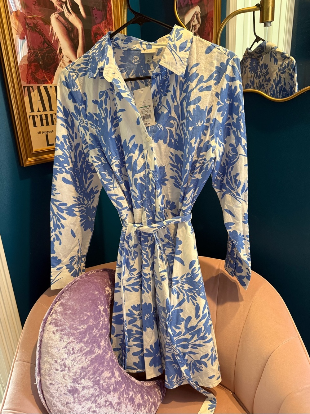 a new day Blue and White Floral Mini Shirt Dress